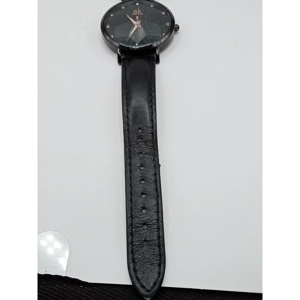 Shengke Women's Black Prism Crystal Leather‎ Band Quartz Watch- New Battery